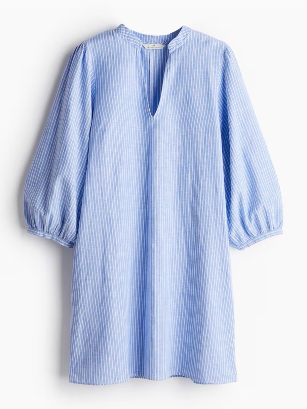 H&M Linen Blend Blue and White Pinstriped V-Neck Shirt Dress